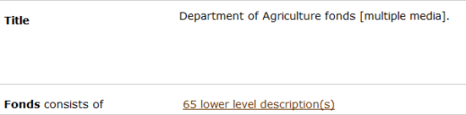 A sample record description in the Archives Search database displaying the FONDS CONSISTS OF ROW.