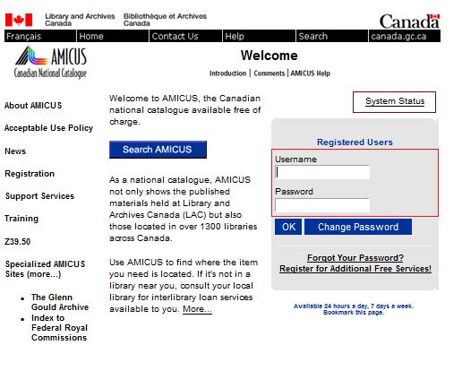 Coloured screen shot of the Amicus catalogue, The right colunm indicates the user name and password and is highlighted in red