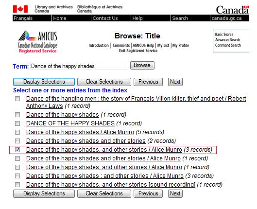 Screen shot of Amicus results page with a selection highlighted in red.