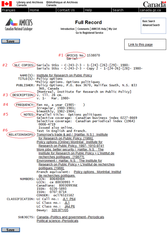 Screen capture of the AMICUS full record with corresponding fields (source: AN1538070)