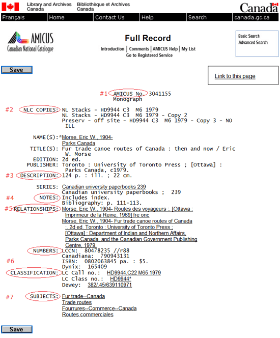 Screen capture of the AMICUS full record with corresponding fields (source: AN 3041155)