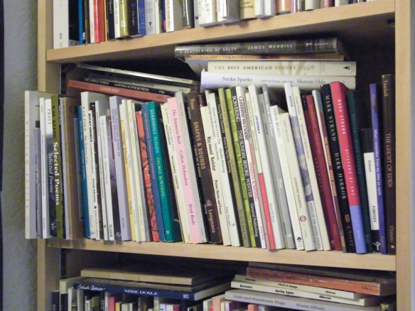 A photograph showing a selection of literary works on the bookcase in P.K. Page’s office