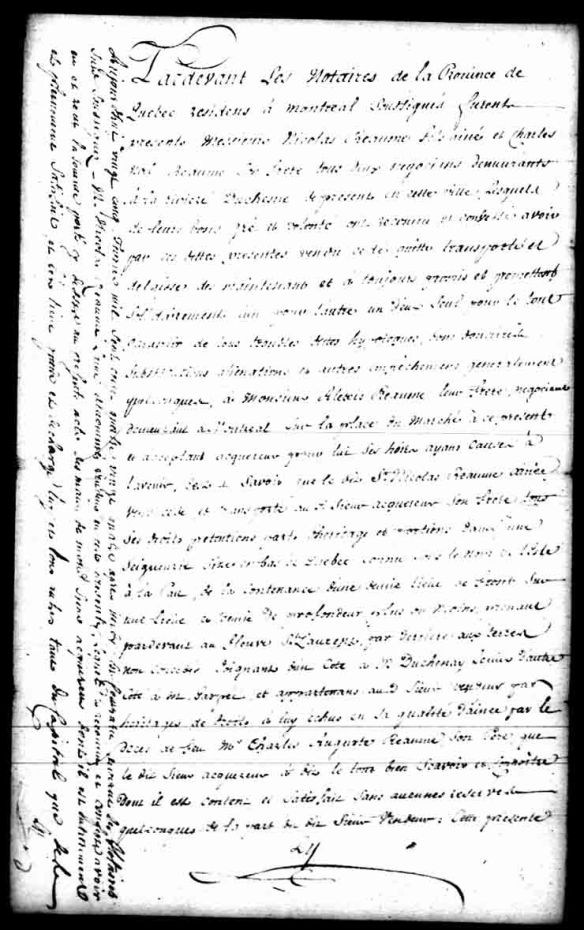 Sale made by Nicolas Réaume and Charles-Noël Réaume to their brother Alexis. Notary F. Le Guay, May 9, 1781. Library and Archives Canada, MG18, H-44, vol. 8, 4 pages.