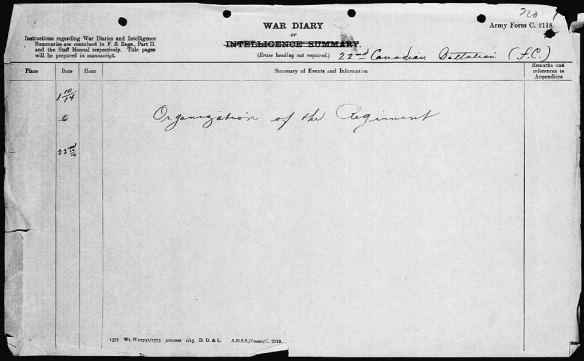 A page from the war diaries of the 22nd Canadian Infantry Battalion