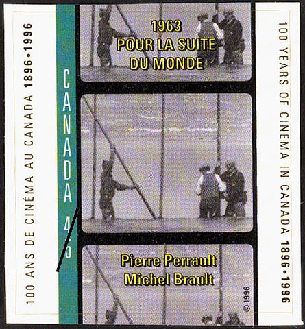 Stamp commemorating 100 years of cinema in Canada with a still image from Pour la suite du Monde