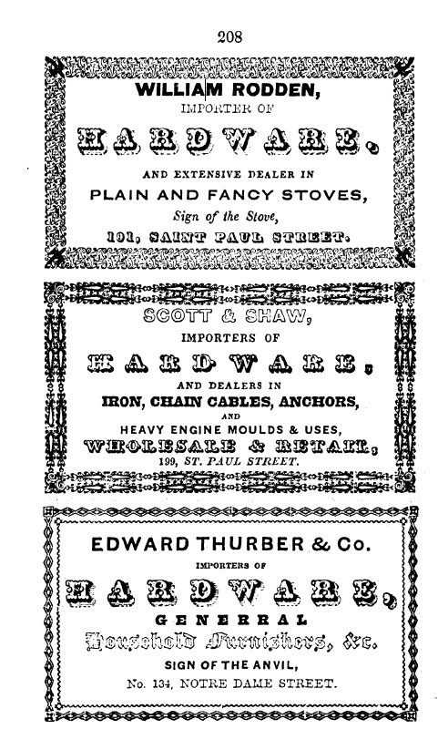 Black and white illustration of a page from the directory featuring three business card ads for hardware.