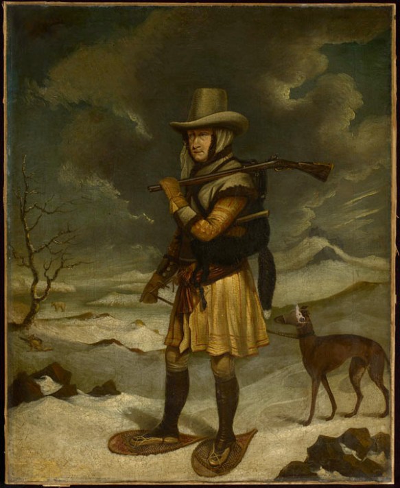 Oil painting showing Captain George Cartwright checking his fox traps during the winter in Labrador. He wears snowshoes, carries a gun over one shoulder and has a dog on a leash, tethered to his belt.