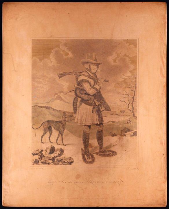 Copper plate image showing Captain George Cartwright checking his fox traps during the winter in Labrador. He wears snowshoes, carries a gun over one shoulder and has a dog on a leash, tethered to his belt.