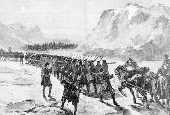 A black-and-white print taken from The Illustrated London News, 1885. The sketch shows a column of soldiers marching through a winter landscape.
