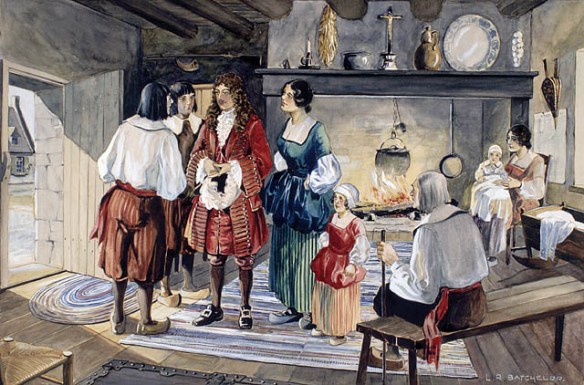 A watercolour of a domestic scene. A group of people are standing around a central character (Jean Talon). In the background we see a fireplace where a kettle is heating over an open fire, and a woman with a baby is seated next to it. An old man is sitting on a bench in the foreground. 