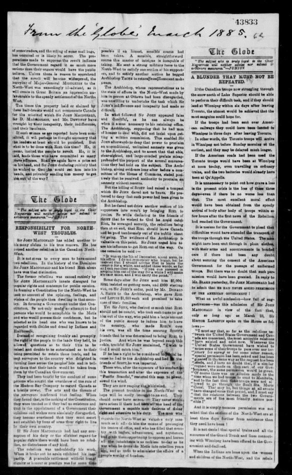 A black-and-white reproduction of a newspaper clipping from The Globe of Toronto in 1885. It is an article about the North-West Rebellion.