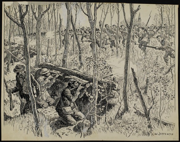 A pen-and-ink drawing over pencil depicting a wooded battle scene with the Métis behind a barricade firing against the approaching British army. The Métis are greatly outnumbered.