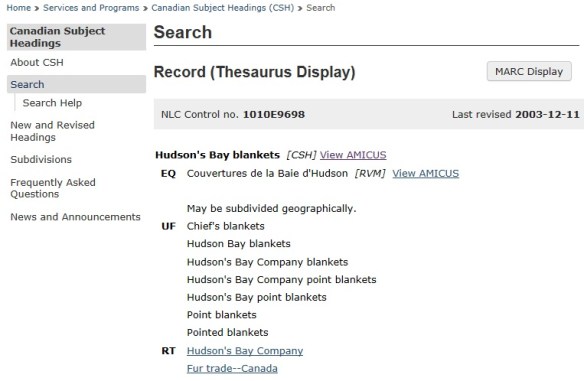 Screen capture of a Canadian Subject Heading search result for the search “Hudson’s Bay blankets.”