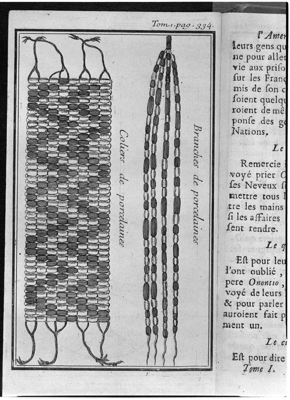 Black and white drawing showing two types of wampum: belts and strings.