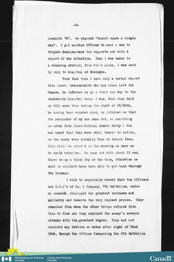 Black-and-white reproduction of a typed account of the 7th Canadian Infantry Battalion during the period when Lieutenant Bellew performed the actions for which he was awarded the Victoria Cross. 