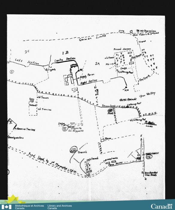 Sketch of a map of the trenches where the 8th Canadian Infantry Battalion was engaged in the first battle of Ypres.