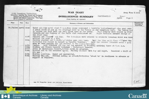 Reproduction of a typed page describing the troop activities for the period from April 22 to April 30, 1915.