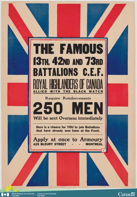 Colour poster of a Union Jack on its side with a notice for recruitment for the 13th, 42nd 73rd Battalions, known as the Royal Highlanders of Canada and allied with the Black Watch. 