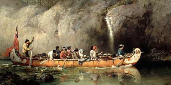Painting shows a group of fur trade workers steering a Hudson’s Bay Company canoe past a small waterfall; the artist and her husband may be passengers seated in the middle of the canoe.