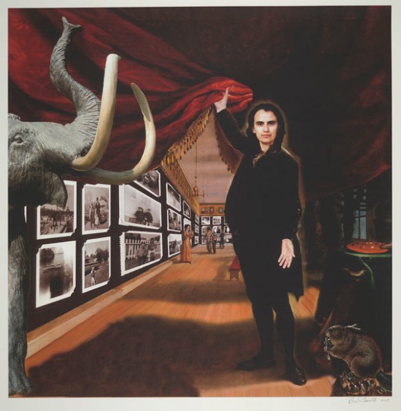 Colour digital print shows the artist, full-length, and flanked by a mammoth, a beaver, and an artist’s palette. She draws aside a red curtain to reveal a gallery of mounted black-and-white photographs.