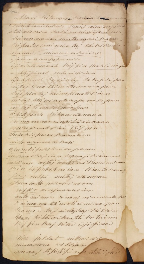 A colour reproduction of a ledger page. Written in fine pen and ink, in the Ojibwa language. The bottom-inside corner shows some water damage with a few tidelines.