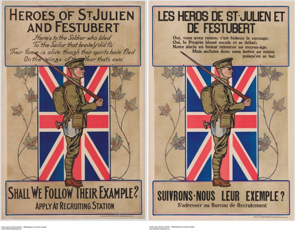 Image of two posters side by side, one in English and one in French. The imagery shows a soldier standing sideways, in front of the Union Jack, with a rifle balanced on his shoulder. He is wearing the uniform and equipment of the 1915 Canadian soldier: Ross rifle, pack, cap, puttees, and MacAdam shield-shovel (also known as the Hughes shovel).