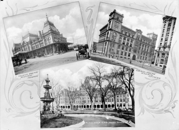A black-and-white postcard featuring three photographs of the sights around the train station in Montreal.