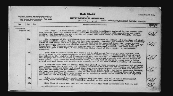 Black-and-white reproduction of a typewritten page for August 14, 1918 reading, “The large 11,2 inch German naval gun on railway mountings, captured in the recent push was brought down from Chemin Vert. This was captured complete, with ammunition and locomotive. […]