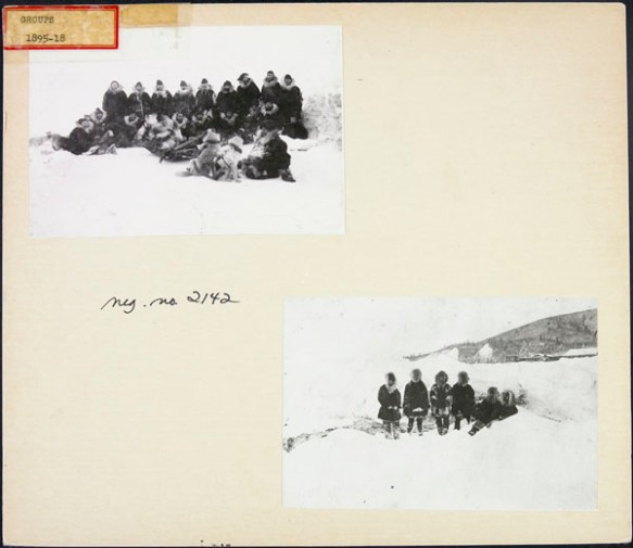 Two black-and-white photos mounted on an album page depicting two groups of North West Mounted Police personnel outside in the snow 