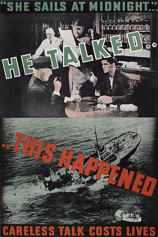 A colour poster showing two photographs overlaid with text. The top photo shows a café with people talking and a bystander listening to their conversation. The photo below shows a boat sinking. 