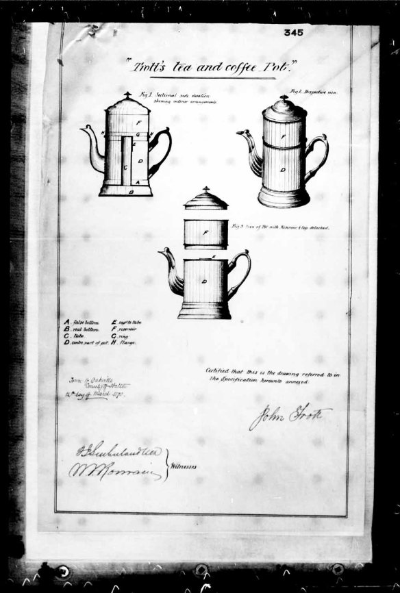 A black-and-white reproduction of three detailed illustrations of a tea and coffee pot from a patent application.