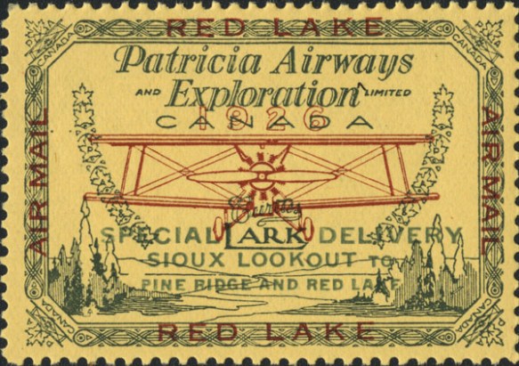 An airmail stamp depicting a single-engine two-winged aircraft flying over a lake and forests. The text reads: “Patricia Airways and Exploration Limited, Canada. Lark. Special delivery: Sioux Lookout to Pine Ridge and Red Lake.” (Lark was the model of aircraft pictured.) The stamp is yellow, the aircraft is rust red, and the trees, lake and border are green.