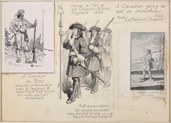 A collage with three images on cardboard. (1) a coureur des bois with gun and typical clothing (2) three soldiers with tricorne hats, swords and guns and (3) a habitant going to war in the winter wearing snowshoes, a gun and smoking a pipe.