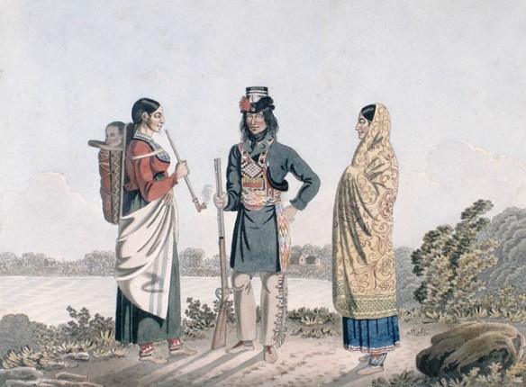 A watercolour landscape of a man, flanked by two women, standing in front of a body of water. The man is holding a rifle and the woman on the right is holding a long pipe and carrying an infant in a cradleboard on her back.