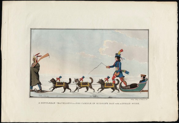A lithograph of a snowy landscape with a man seated in a cariole (sled) pulled by three dogs in colourful coats. A man wearing a blanket and snowshoes is on the left in front of the dogs. A man holding a whip and wearing clothing associated with Métis culture (a long blue jacket, red leggings and an embellished hat) walks on the right-hand side of the sled.