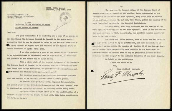 Two pages of a letter from Emily F. Murphy regarding the Persons Case petition. 