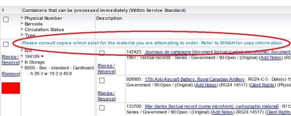 Screenshot of Library and Archives Canada’s internal Collection Management System highlighting a message stating “Please consult copies which exist for the material you are attempting to order. Refer to MIKAN for copy information.”