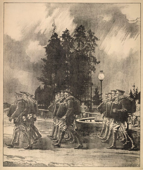 A lithograph showing ranks of troops marching with their duffel bags on their shoulders. 
