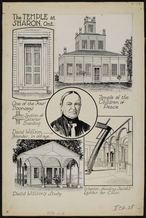 A pen and black ink drawing of five different vignettes. The first shows a doorway to the Temple; the second shows the front facade of a square, tiered building with large, paned windows. The third shows a whimsical study, and the fourth shows the interior of the Temple with a Jacob’s ladder for the choir. In the middle is the portrait of a man wearing a black cassock.