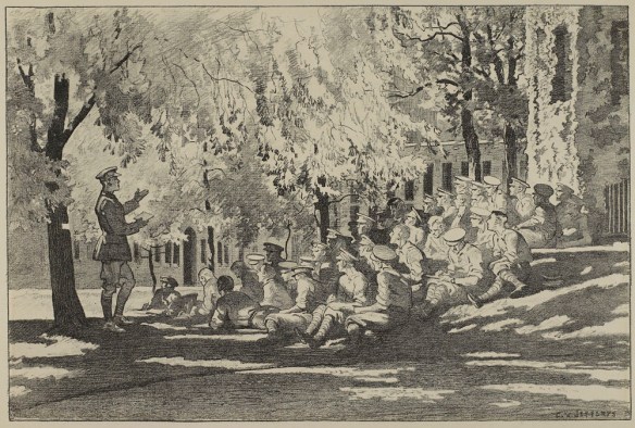 A black and white lithograph of officers sitting on a shaded grassy knoll in front of an ivy-covered building listening to an officer standing in front of the crowd.