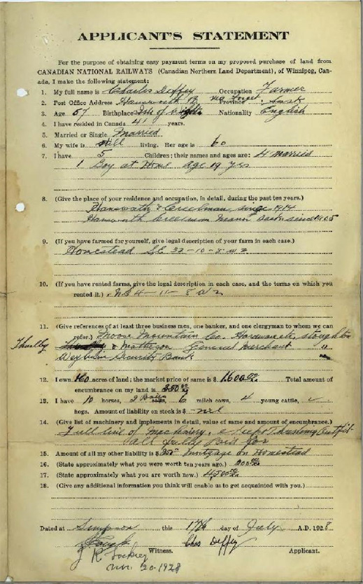 Printed form entitled Applicant's Statement with handwritten responses to various statements and questions designed to solicit information about the applicant. The form is used to collect information such as the name, age, marital status, and birthplace of the applicant; the names of three businessmen, one banker, and one clergyman who may serve as references for the applicant; and the details of the applicant's current assets and liablities.
