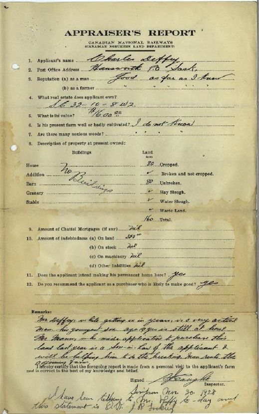 Printed form entitled Appraiser's Report with handwritten remarks added by an appraiser regarding a prospective purchaser of farmland. The appraiser's remarks include an assessment of the purchaser's reputation, the state of any farmland the purchaser may already own, and the appraiser's sense of whether or not the applicant is a purchaser who is likely to make good.