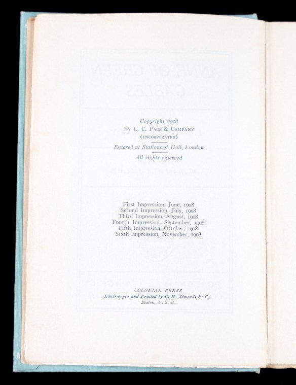 Copyright page of the Cohen Collection copy of the sixth printing of the first edition of Anne of Green Gables 