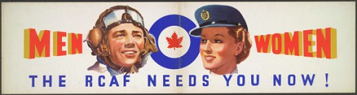 A coloured poster showing the faces of a male and a female member of the Royal Canadian Air Force. The man wears an aviator’s hat and goggles and the woman wears a blue cap with a visor. A medallion consisting of a blue circle with a red maple leaf in the centre is situated between the man and the woman.