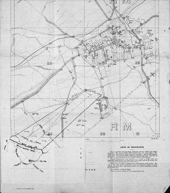 An image of a trench map, dated September 1916, showing the planned line of advance for the 27th Battalion near Courcelette, France. 