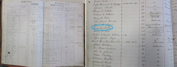 A colour photo showing on the left side an opened book and on the right side a close-up showing a name on the page of the book.