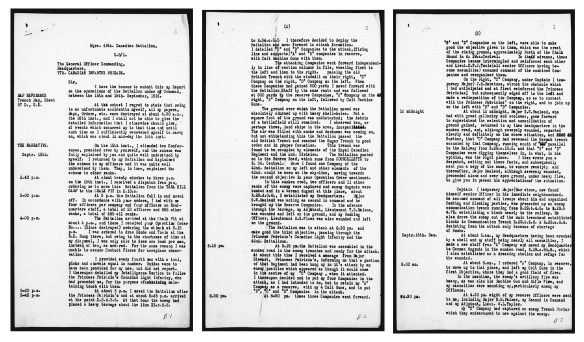 A black-and-white collage of three typewritten pages with the date September 15 in the margin and an hour-by-hour account of the actions taking place.