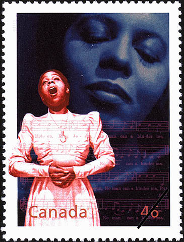 A colour stamp featuring, in the foreground, a young woman singing and, in the background, a close-up of the woman’s face with her eyes closed. A musical score with notes and lyrics appears faintly in the bottom half of the stamp.