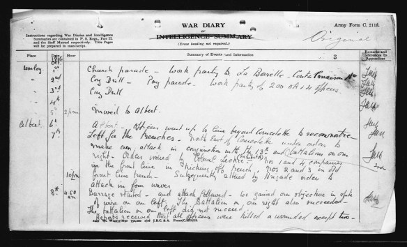 A black-and-white handwritten page describing the daily events leading up to the day of the action for which Piper James Cleland Richardson received the Victoria Cross.