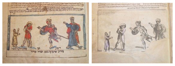 A collage presenting, side by side, part of a page from two different editions of a book. Both images have four men with different clothes and poses; the images are alike because the corresponding men are dressed and posed similarly. The page on the left is in colour, while the page on the right is in grey tones.